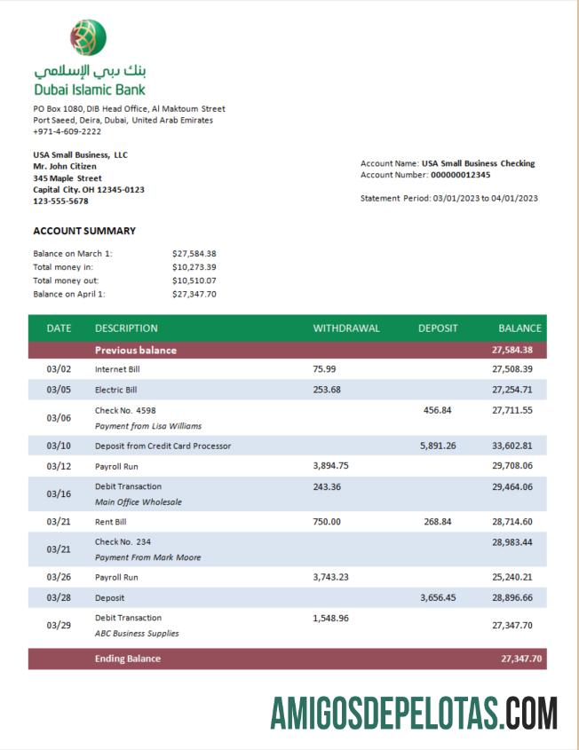 Imprimível Dubai Islamic Bank Enterprise Statement modelo Word e PDF